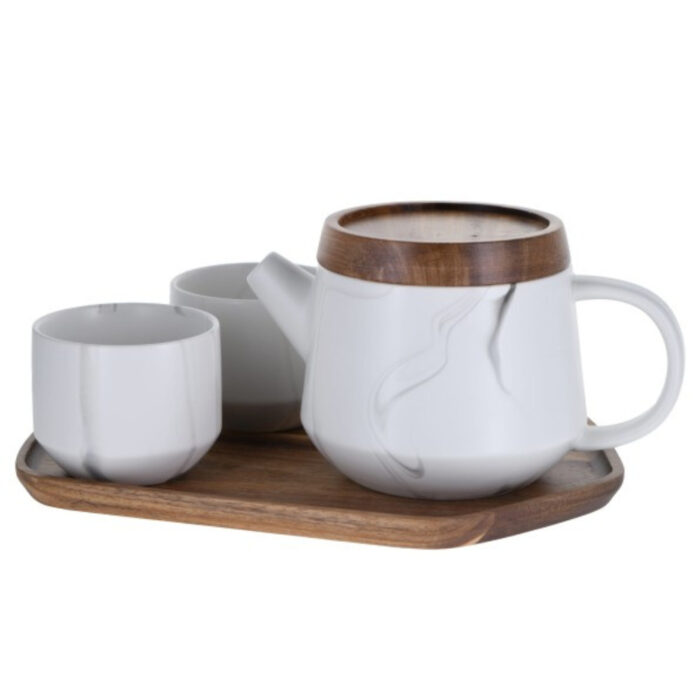 set ceainic portelan 4 piese marbling white 450ml sin4340